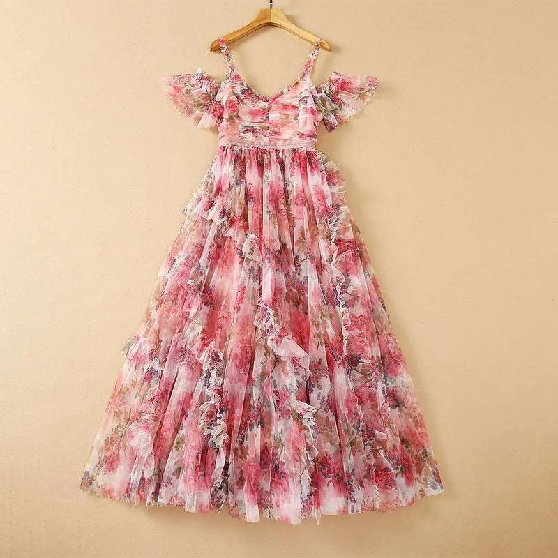 Women's Mesh Floral Print High Waist Dress