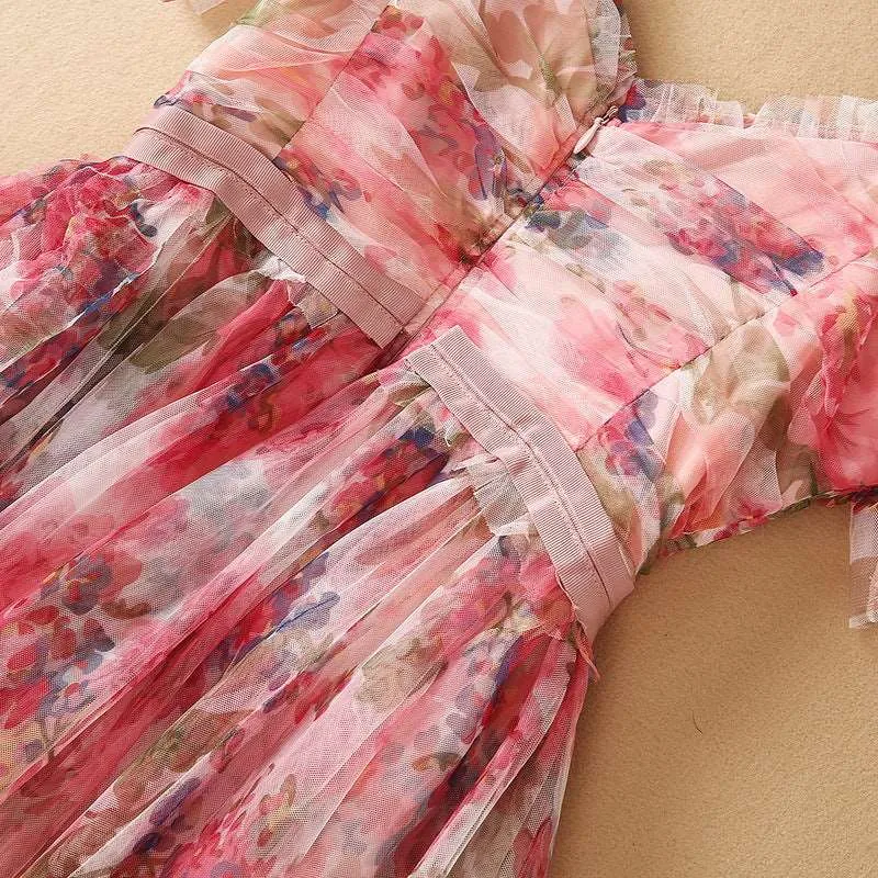 Women's Mesh Floral Print High Waist Dress