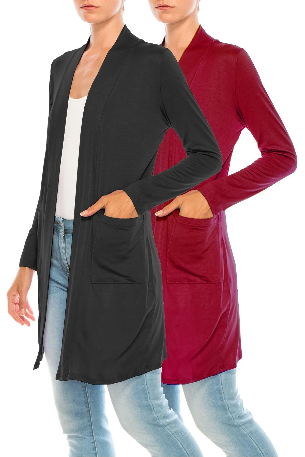 Women's Open Front Basic Long Sleeves Loose Fit Side Pockets Solid Cardigan 2 PACK