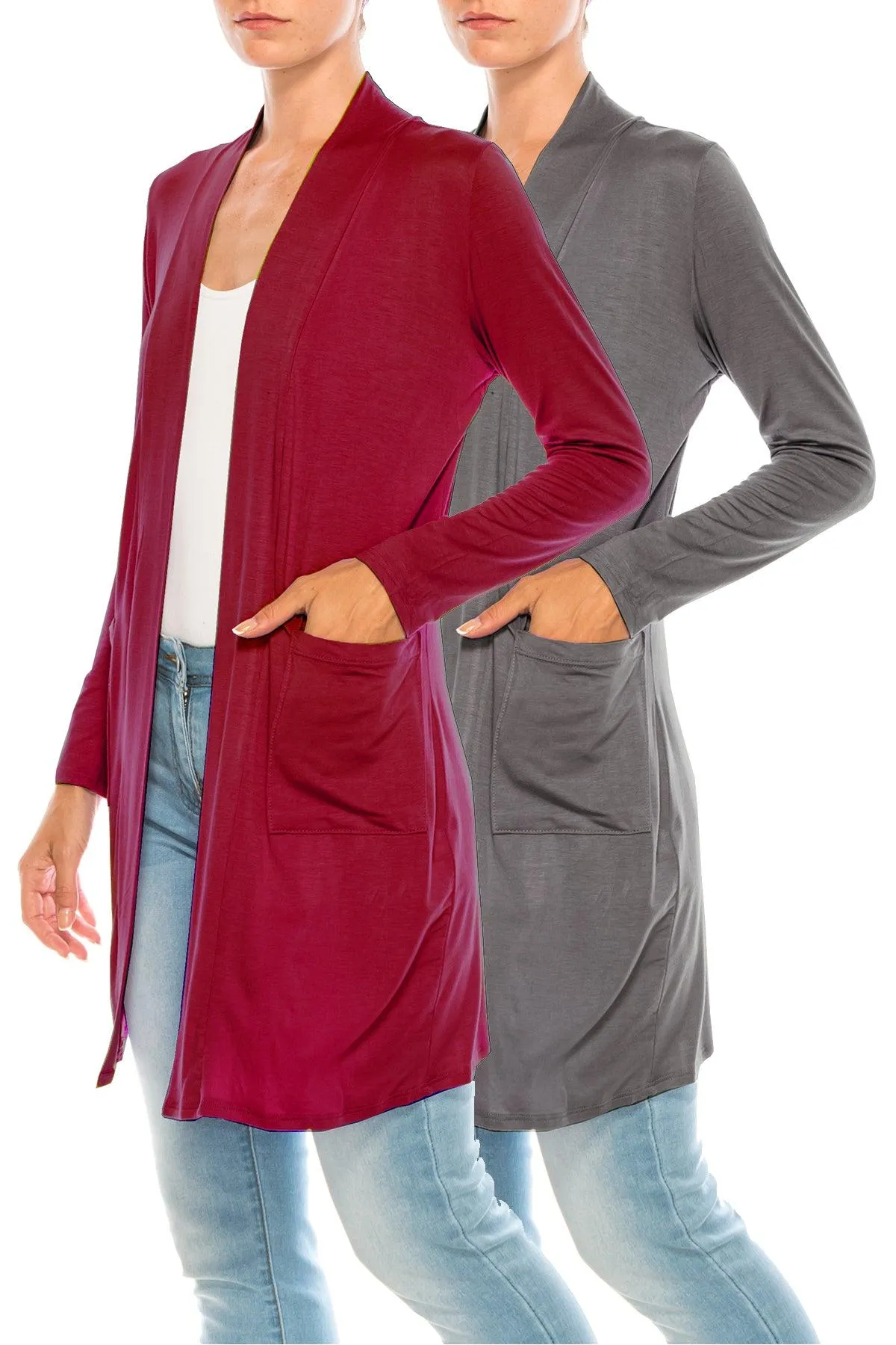 Women's Open Front Basic Long Sleeves Loose Fit Side Pockets Solid Cardigan 2 PACK