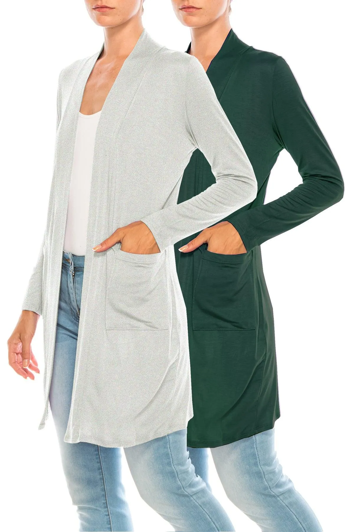 Women's Open Front Basic Long Sleeves Loose Fit Side Pockets Solid Cardigan 2 PACK