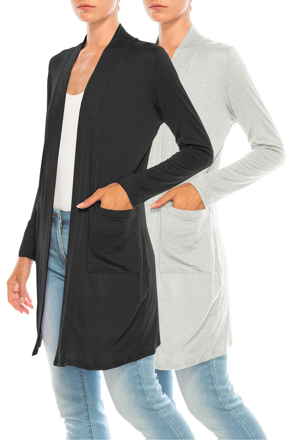 Women's Open Front Basic Long Sleeves Loose Fit Side Pockets Solid Cardigan 2 PACK