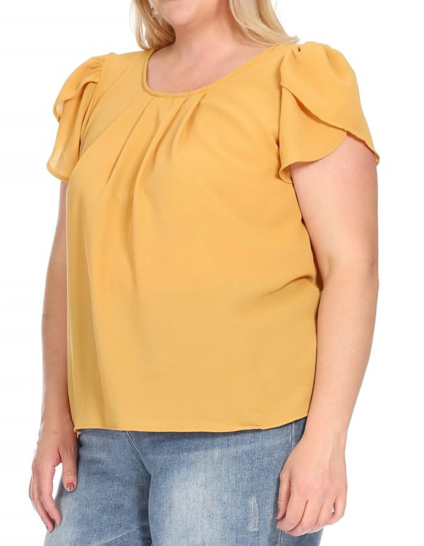 Women's Plus Size Casual Solid Pleated Front Petal Cap Sleeve Round Neck Blouse