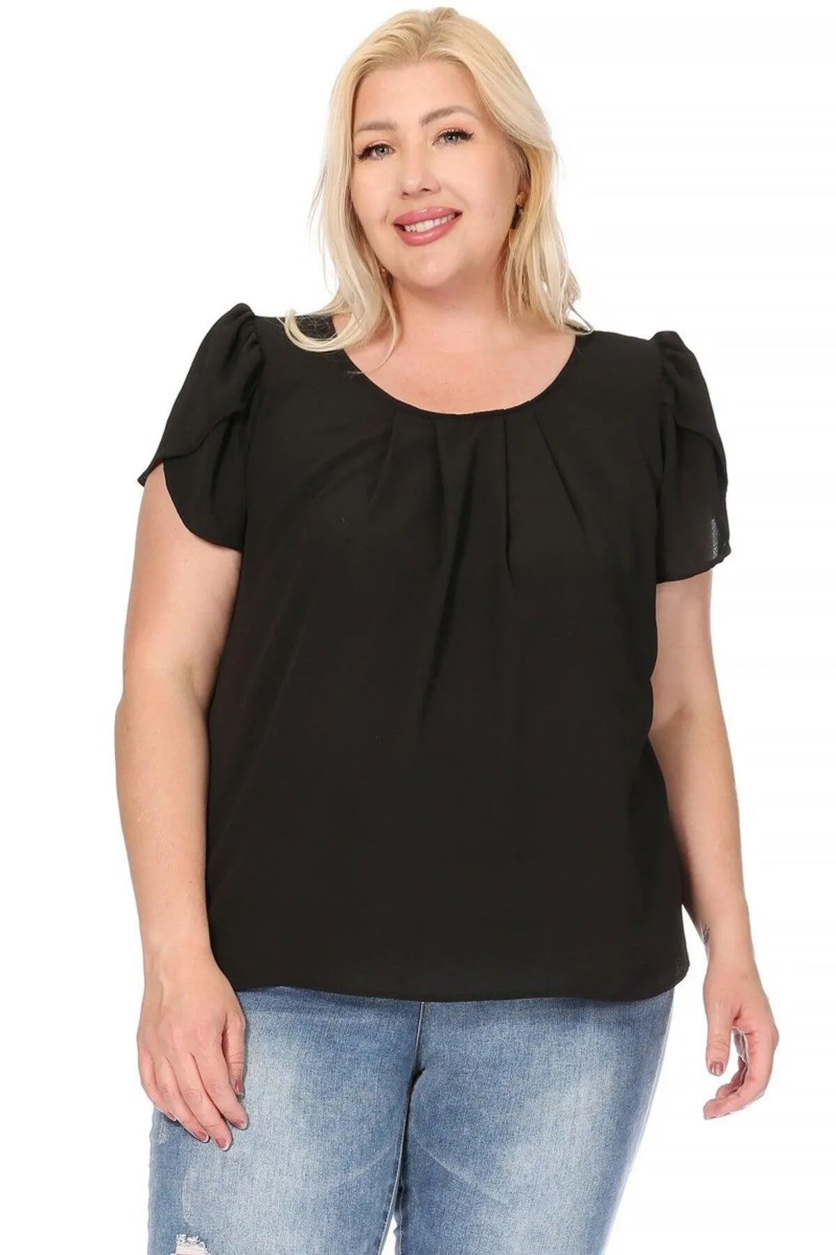 Women's Plus Size Casual Solid Pleated Front Petal Cap Sleeve Round Neck Blouse