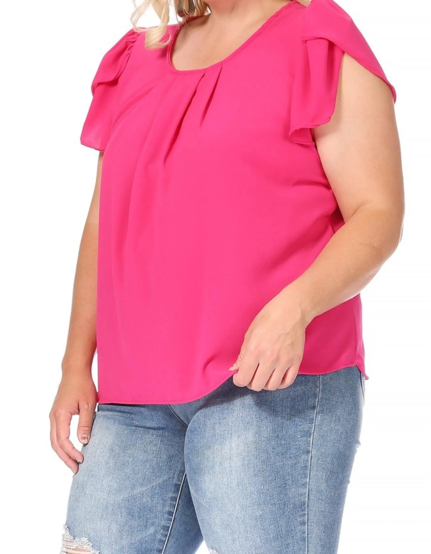 Women's Plus Size Casual Solid Pleated Front Petal Cap Sleeve Round Neck Blouse