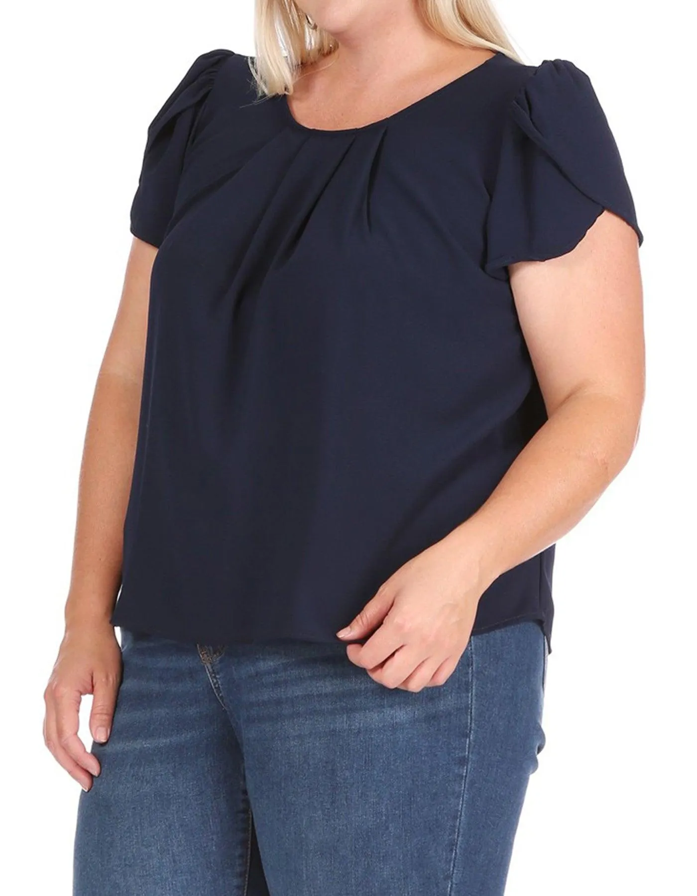 Women's Plus Size Casual Solid Pleated Front Petal Cap Sleeve Round Neck Blouse