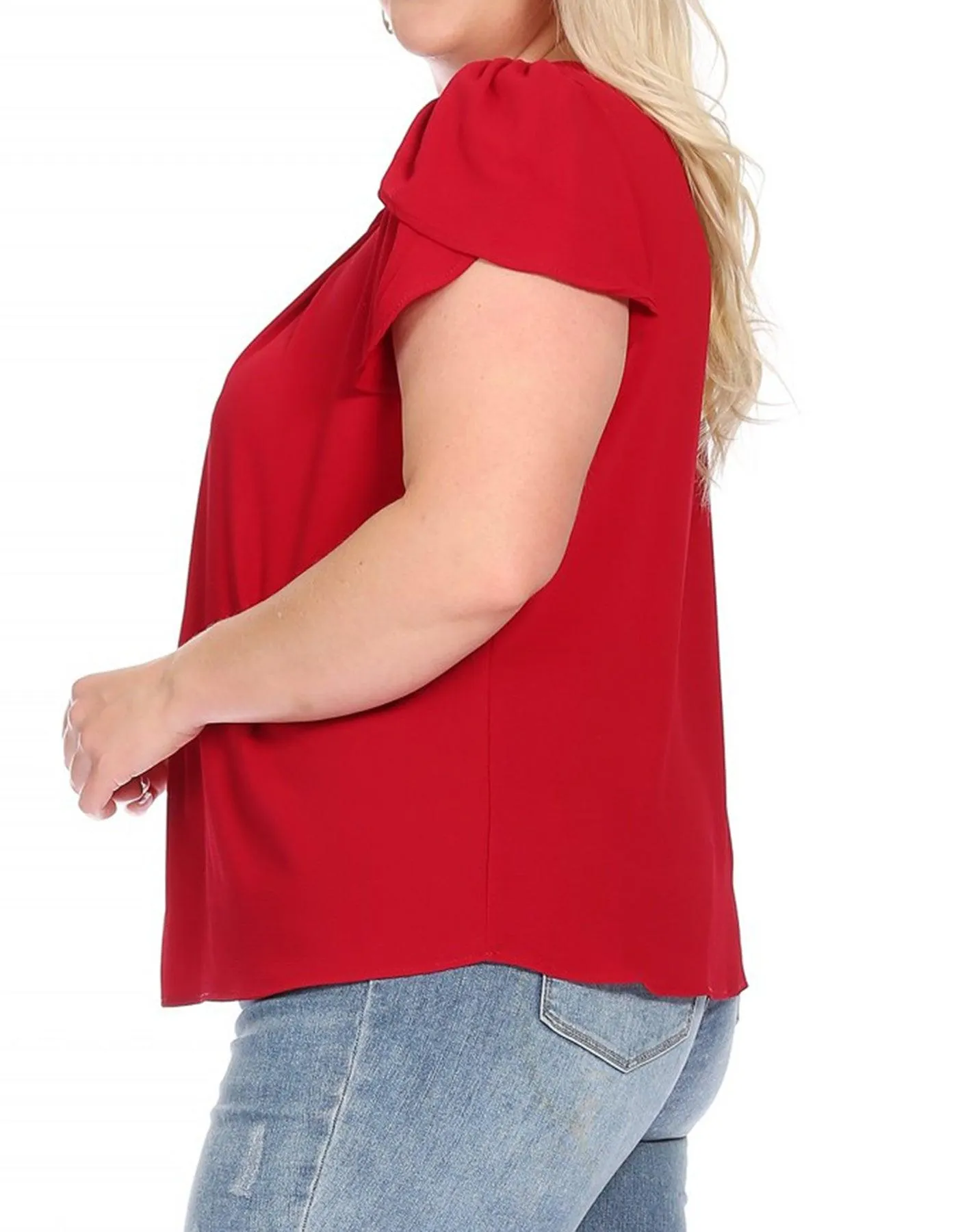 Women's Plus Size Casual Solid Pleated Front Petal Cap Sleeve Round Neck Blouse