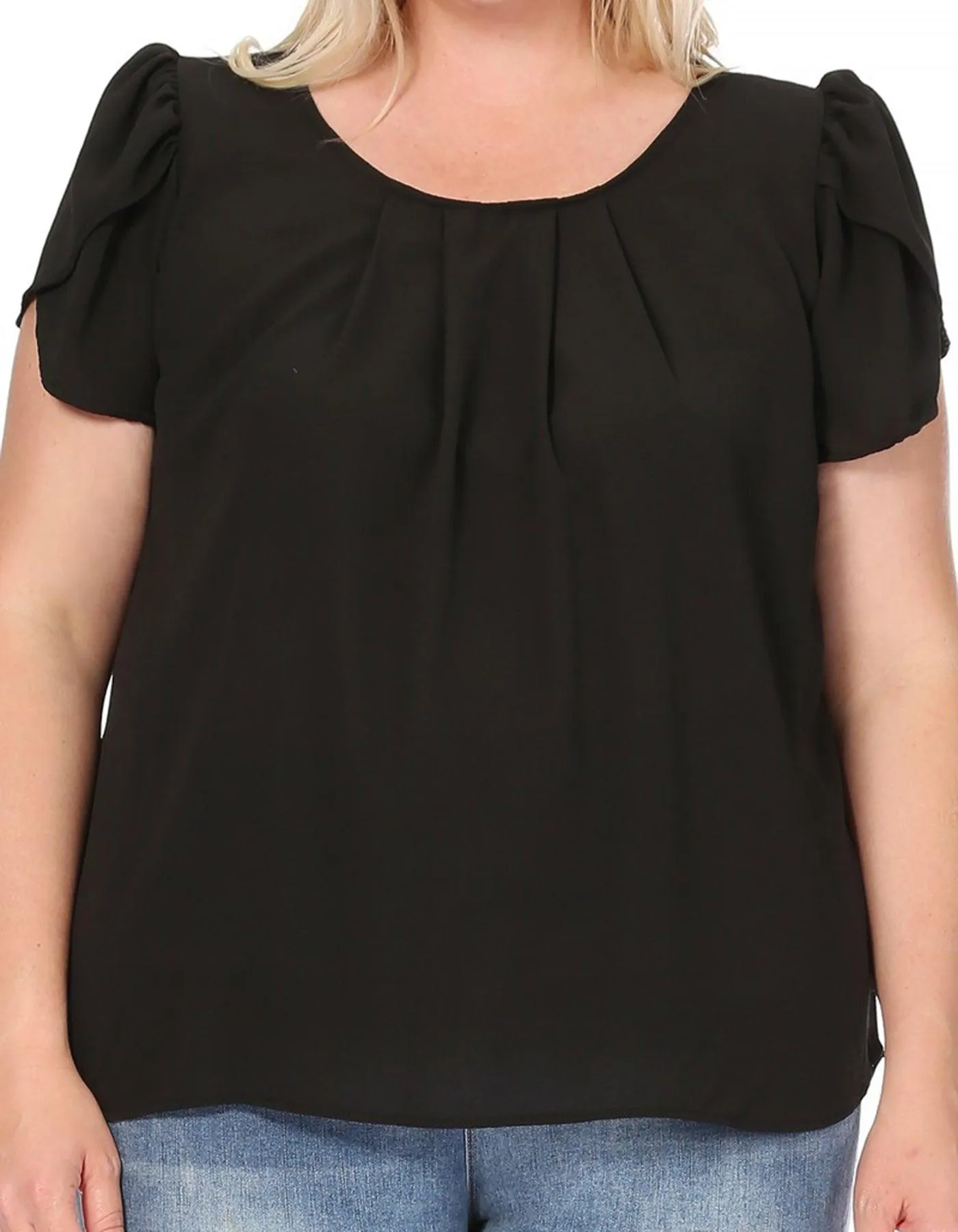 Women's Plus Size Casual Solid Pleated Front Petal Cap Sleeve Round Neck Blouse