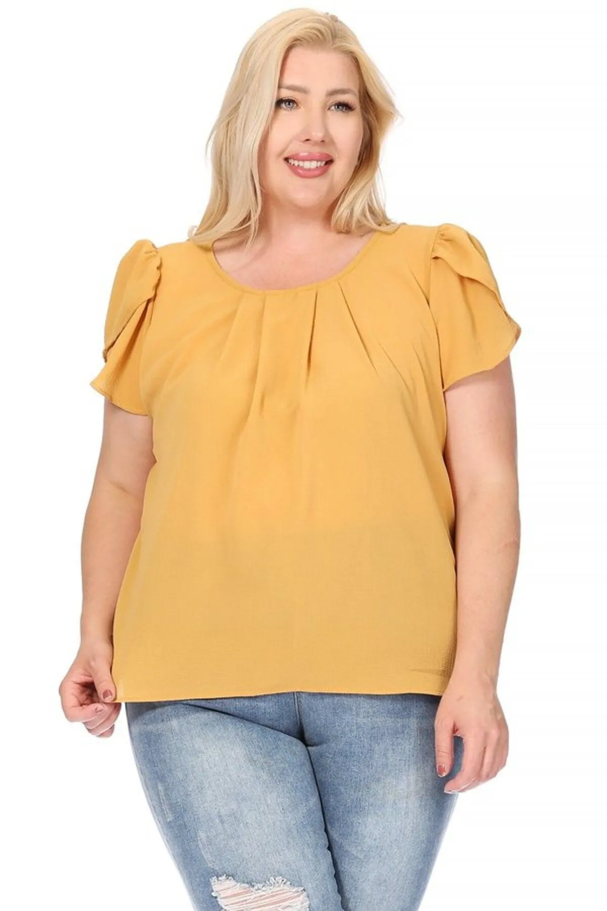 Women's Plus Size Casual Solid Pleated Front Petal Cap Sleeve Round Neck Blouse