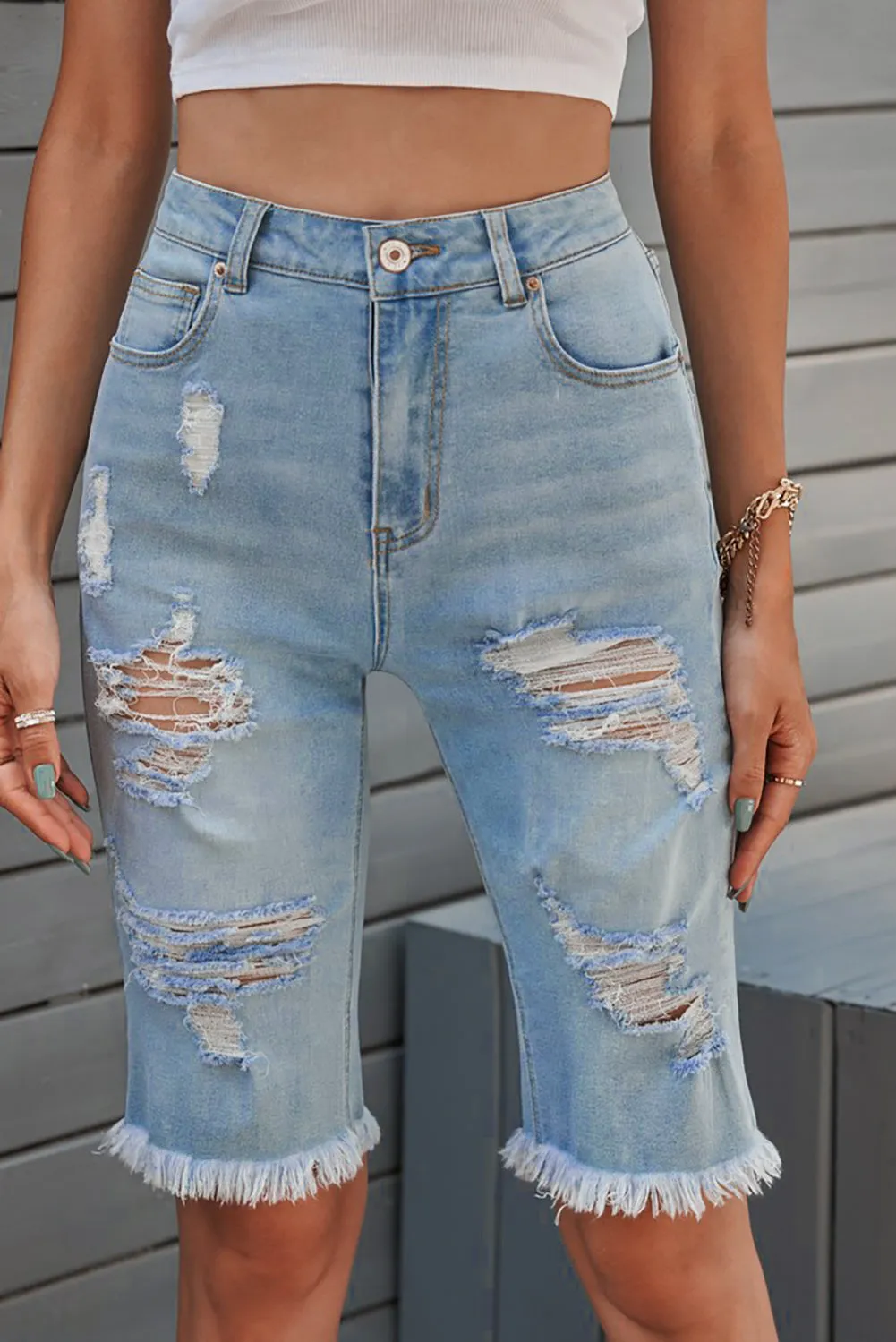 Women's Ripped High Waisted Denim Shorts Distressed Bermuda Shorts