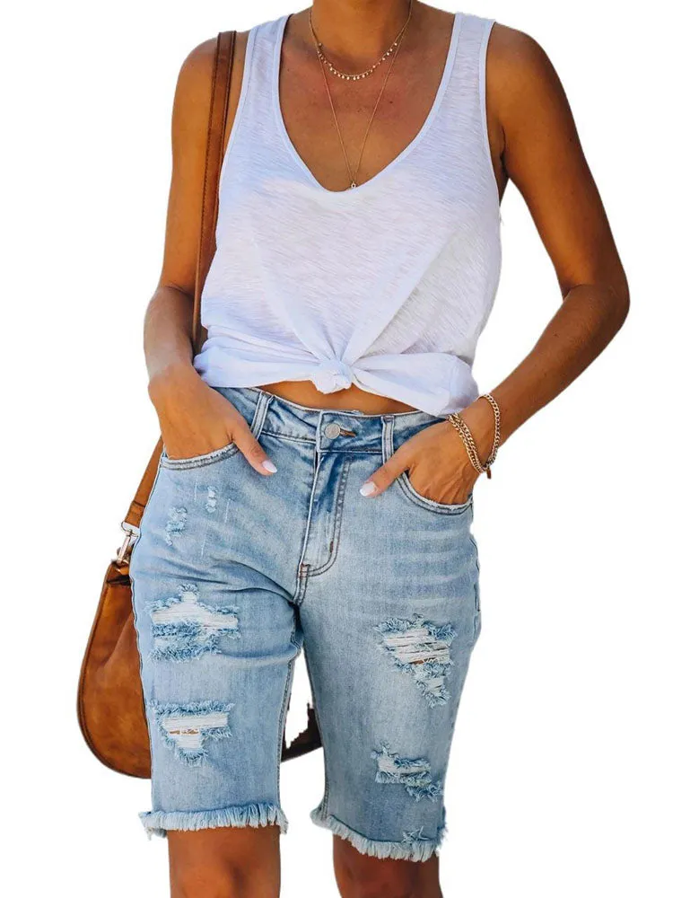 Women's Ripped High Waisted Denim Shorts Distressed Bermuda Shorts