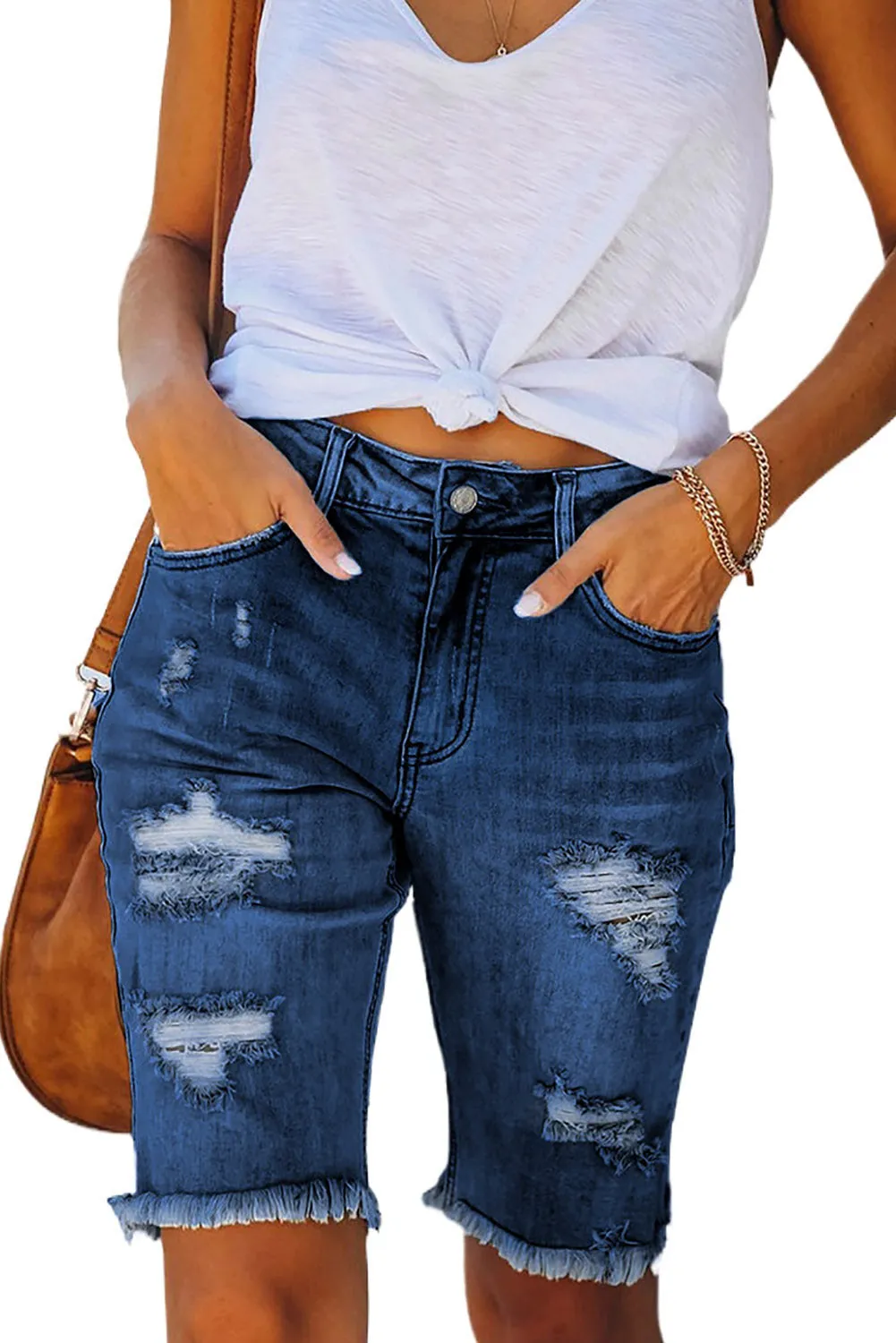 Women's Ripped High Waisted Denim Shorts Distressed Bermuda Shorts