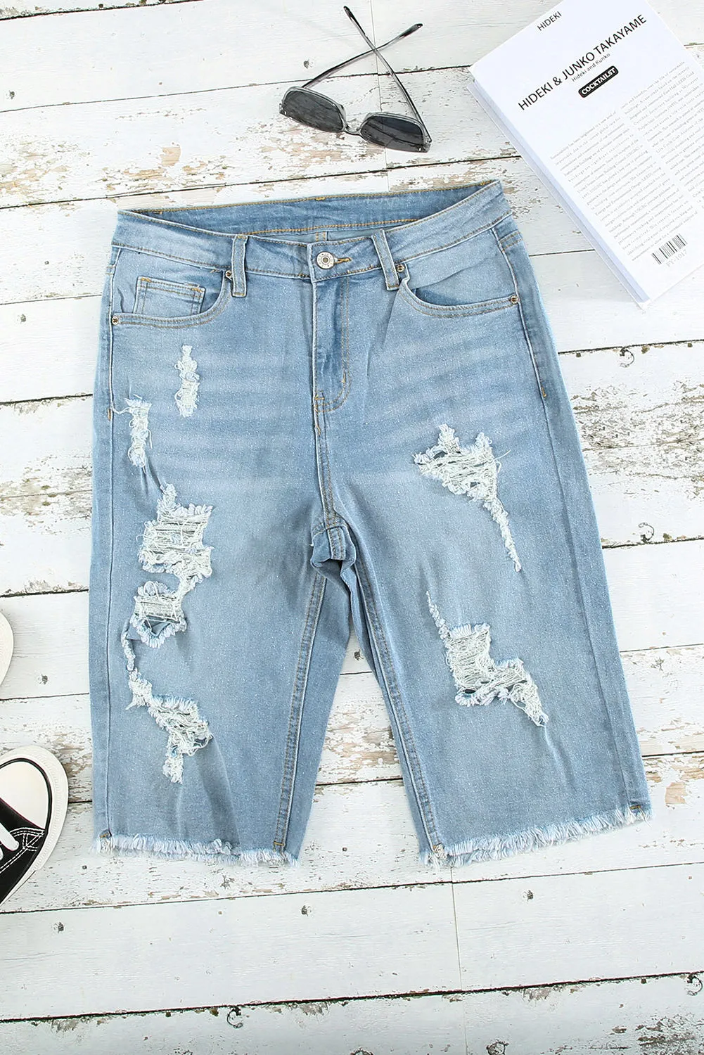 Women's Ripped High Waisted Denim Shorts Distressed Bermuda Shorts