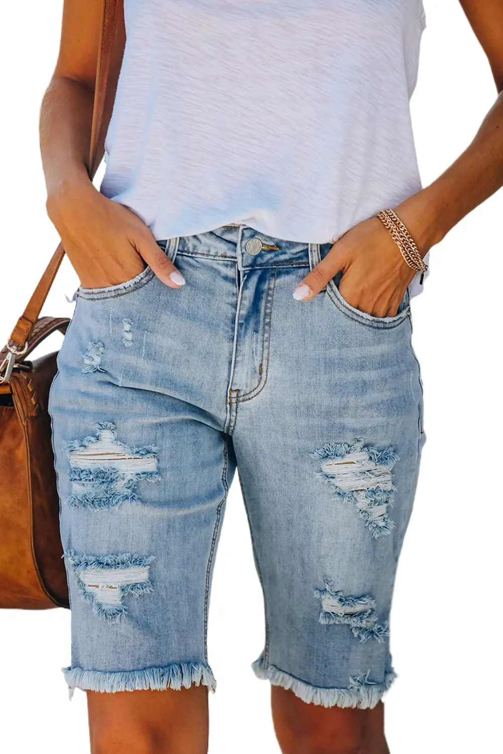 Women's Ripped High Waisted Denim Shorts Distressed Bermuda Shorts