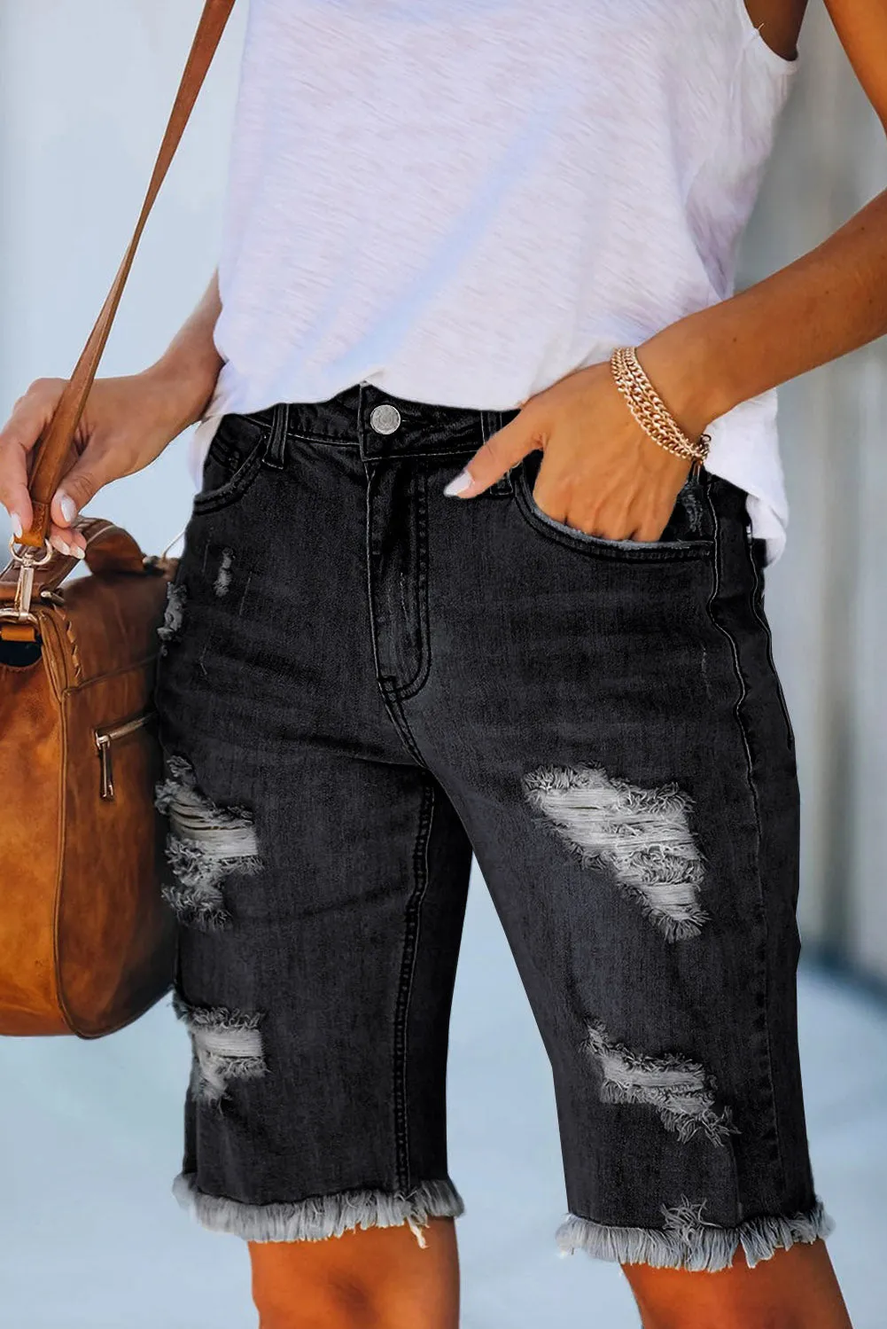 Women's Ripped High Waisted Denim Shorts Distressed Bermuda Shorts