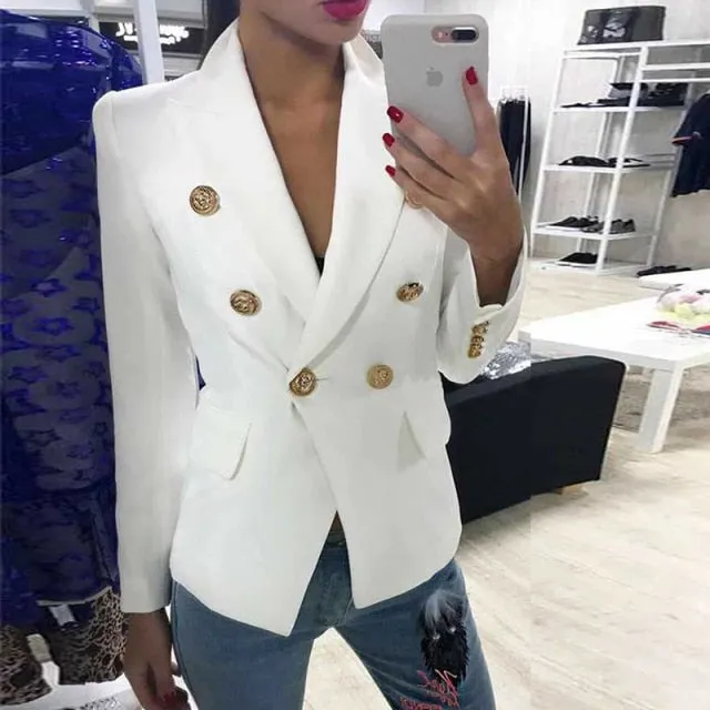 Yeknu Green Blue Yellow Black White Blazer Women Office Formal Double Breasted Buttons Blazer Women Blazers High Quality Drop Ship